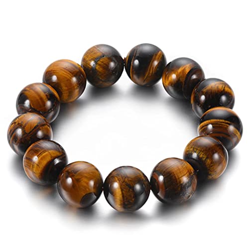 Mens Tiger Eye Stone Beaded Bracelet, Large 14mm Natural Gemstone Beads Bracelet,Stretchable Chunky and Manly looking
