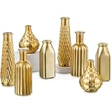 Glasseam Gold Glass Vase, 8pcs Cylindrical Home Decor, Antique Art Deco Style, Holds Water, Gold Electroplating Finish, Living Room Kitchen Bathroom Bedroom Decor, Table Centerpieces