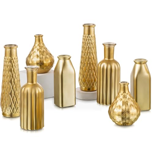 Glasseam Gold Glass Vase, 8pcs Cylindrical Home Decor, Antique Art Deco Style, Holds Water, Gold Electroplating Finish, Living Room Kitchen Bathroom Bedroom Decor, Table Centerpieces by Glasseam - Used condition - US$35.99