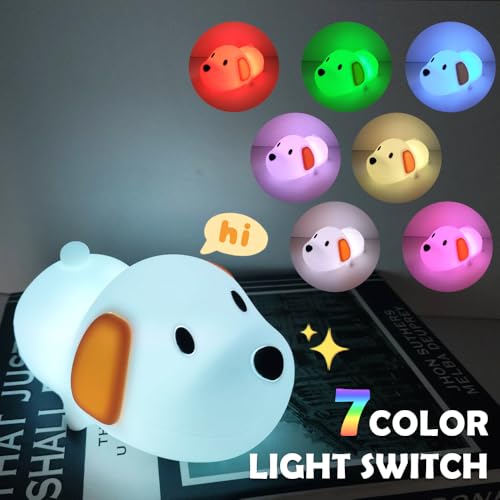 Image of S NMT Cute Dog Silicone Night Light for Kids Room, 7 Colors Changing Nursery Sleeping Lamp, 3 Level Brightness Beside Table Lamp for Baby Room Gifts