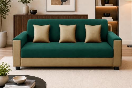 Image of Modern 3 Seater Sofa | Contemporary Upholstered Couch | Premium Cushioned Seating | Stylish Armrest Design | Comfortable Sofa for Living Room, Bedroom & Office - Green + Beige Color