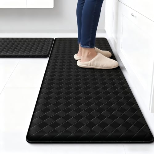 Kitchen Mat, 2 Pieces Non Slip Kitchen Rug Set, Anti Fatigue Soft Comfortable Standing Mat, Waterproof Oil Resistant Leather Cushioned Mats for Kitchen Floor Office, 44 x75cm+44 x150cm (Black)