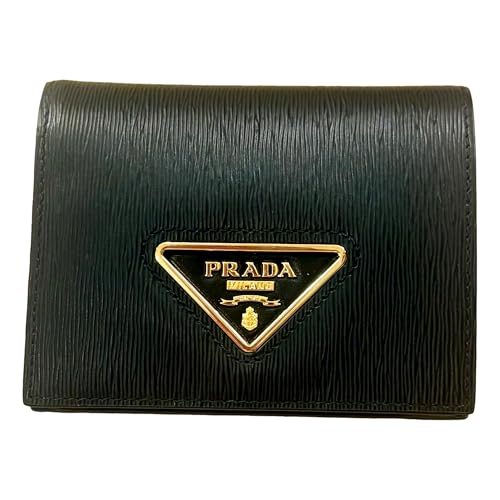 Prada Womens Vitello Move Nero Black Triangle Logo Leather Bifold Snap Card Holder Wallet 1MV204