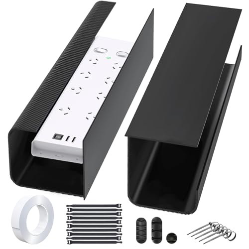 iXTRA Under Desk Cable Management Tray 2 Pack 40cm No Drill PVC Cord Organizer Box Self-Adhesive Installation Wire Management Computer Cable Hider for Standing Desk Office & Home-Black