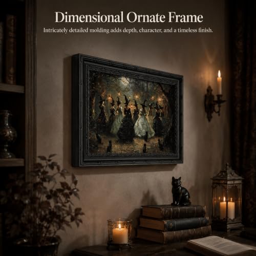 Black Framed Wall Art Gothic Witch with Black Cat Canvas Print Dark Academia Halloween Decor Picture Moody Fantasy Witch Dancing Artwork for Living Room Bedroom 9x11 inch - image 3