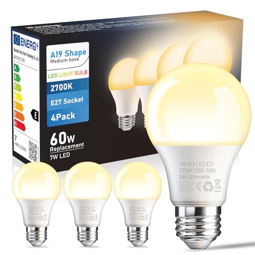 Bombilla LED E27, 7w 806lm bombillas led e27 luz calida (Equivalente a 60w), Horra Un 90% De Electricidad, Ahorro de energía, No Regulable, ángulo 180º, Blanco Cálido 2700k, A19 Bombillas E27, 4