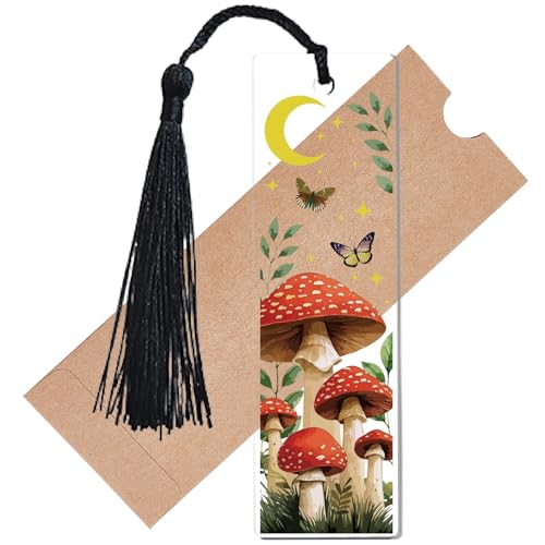 CREATCABIN Mushroom Pressed Acrylic Bookmarks Transparent Bookmark Rectangle Book Marker Tag with Tassel Printed Mushrooms Reader Cultural Gift for Book Lovers Students Birthday 4.6x1.3 Inch