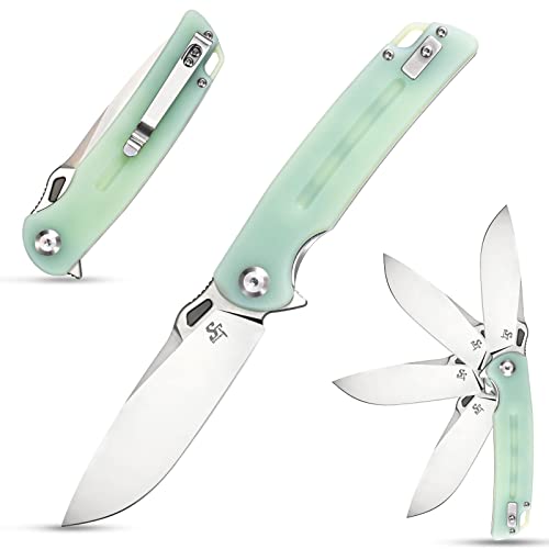 Sitivien ST137 Folding Knife,D2 Satin Blade,G10 Handle EDC Tool Knife for Outdoor Hiking Camping Fishing(Jade)