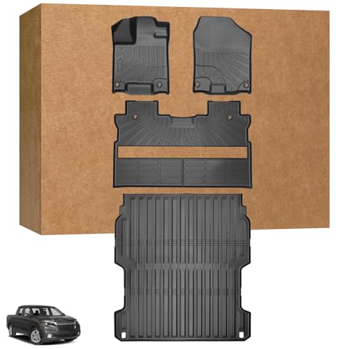 Floor Mats for Honda Ridgeline 2017-2026 Custom Fit Ridgeline Sport RTL TrailSport Black Edition RTL-E Bed Liners 1st & 2nd Row &Bed Mats Summer Winter Protection TPE Non-Slip Mats Accessories