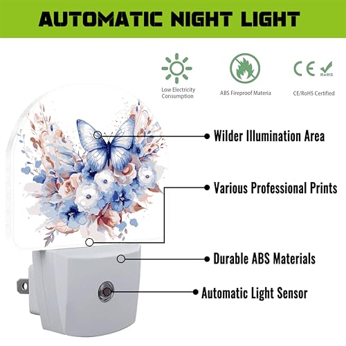 Image of Watercolor Butterfly and Flowers Night Light for Kids,Elegant Blue Floral Plug in Night Light with Dusk to Dawn Sensor, 0.5w Energy Saving Nightlight for Hallway Stairway Kitchen Bedroom