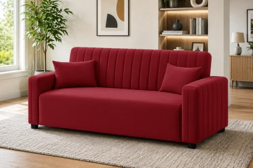 Image of Modern 3 Seater Sofa | Vertical Channel Tufted Backrest & Armrests | Plush Cushioned Seating | Contemporary Upholstered Couch for Living Room, Bedroom & Office - Red Color
