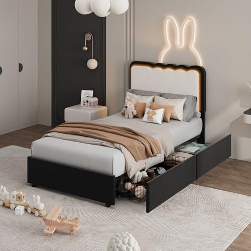 Image of Garvee Irregular Wave LED 2-Drawer Soft Upholstered Bed, Soft Padding