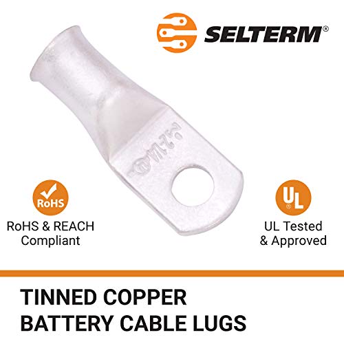 Image of SELTERM 25pcs 2 AWG 1 /4 inch Stud Marine Grade Tinned Copper Battery Cable Lugs, 2 Gauge Ring Terminals, UL Wire Lugs Electrical Battery Cable Ends, Tinned Copper Lugs Battery Terminal Connectors