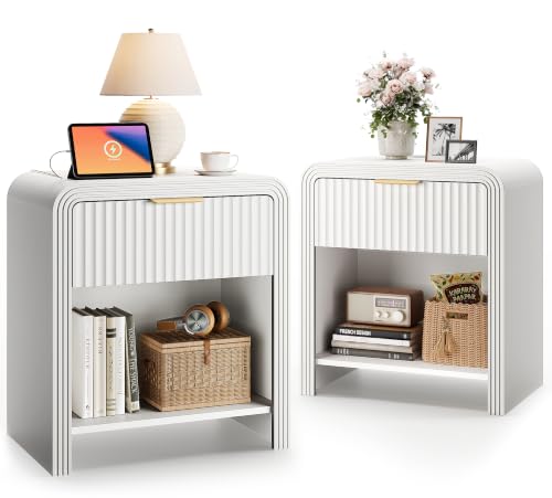 Decofy Fluted 1-Drawer Nightstand Set of 2 with Charging Station, White by Decofy - Used condition - US$129.54