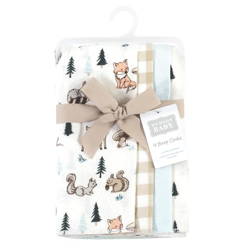 Image of Hudson Baby Unisex Baby Cotton Poly Flannel Burp Cloths, Boy Woodland Pals 4-Pack, One Size