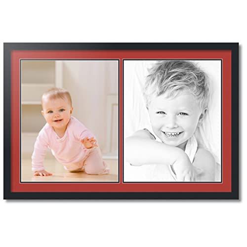 ArtToFrames Collage Photo Frame Double Mat with 2-16x20 inch Openings with Black Frame and Deep Red Top Mat