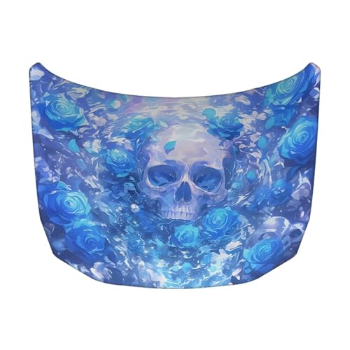 Image of Blue Rose Skull Car Hood Cover, Car Bonnet Banner, Universal Fit