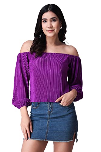 Image of POPWINGS Casual Wrinkle Off Shoulder Crop Top for Women - Designer Stylish Western Full Sleeves