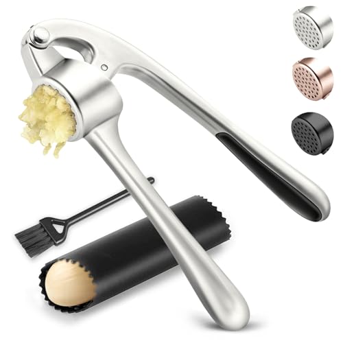 Küchen-Knoblauchpresse aus Edelstahl, hochwertiger, rostfreier und spülmaschinenfester Knoblauchzerkleinerer, langlebiges Knoblauchzerkleinerer-Set mit Schäler und Bürste,...