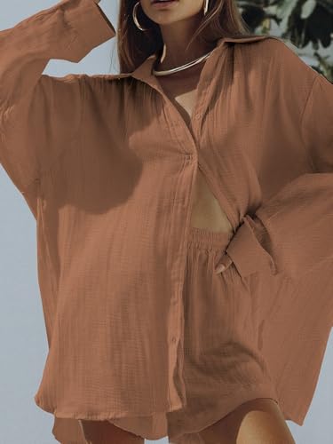 Image of Linsery 2 Piece Summer Outfits Button Down Shirt Top and Shorts Casual Lounge Sets