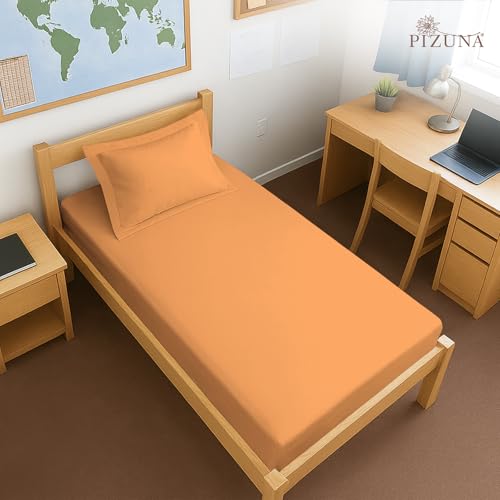 Image of Pizuna 100% Cotton Fitted Bedsheet Single Bed 400 Thread Count Long Staple Cotton Sateen Fitted Bedsheet 40x78 Inch with 1 Pillow Cover, Apricot Orange Elastic Fitted Bedsheets Single Bed fits 12 Inch