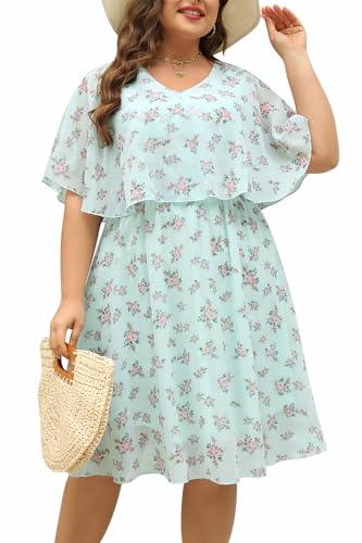 Image of Keluummi Plus Size Wedding Guest Dress for Curvy Women, Boho Floral Empire Waist Midi with Sleeve