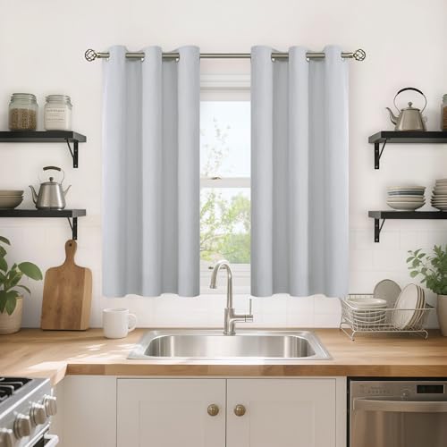 Image of YoungsTex Short Linen 100% Blackout Curtains 45 Inch Length for Bedroom, Thermal Insulated Drapes with Grommet Darkening Privacy for Bathroom Kitchen Window, Light Grey, 2 Panels, 42 X 45 Inch