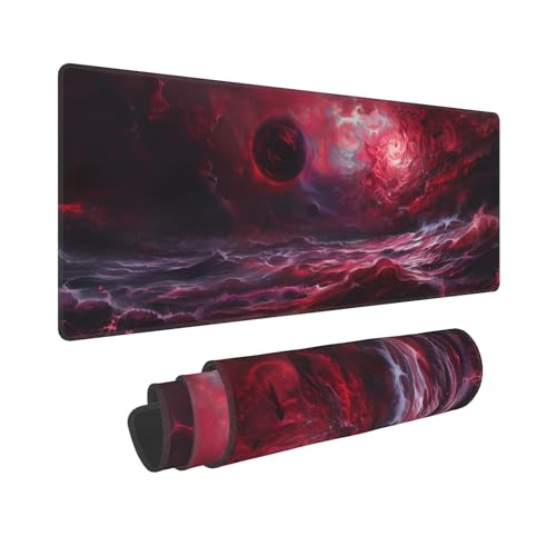 Red Cool Gaming Mouse Pad,Large Abstract Art Desk Mat,Wave Anime Mousepad,Desktop Keyboard Mat with Stitched Edges for Gamer Work,31.5x12in