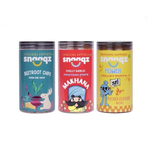 Image of Snaaqz Supergrain Snacks Combo 340g | Beetroot Cream & Onion, Chilly Garlic Makhana & Power Millet Puffs | Pack of 3 | High Protein | Baked & Crunchy | Vegetarian | Low-Calorie | Healthy Snacks for Adults & Kids