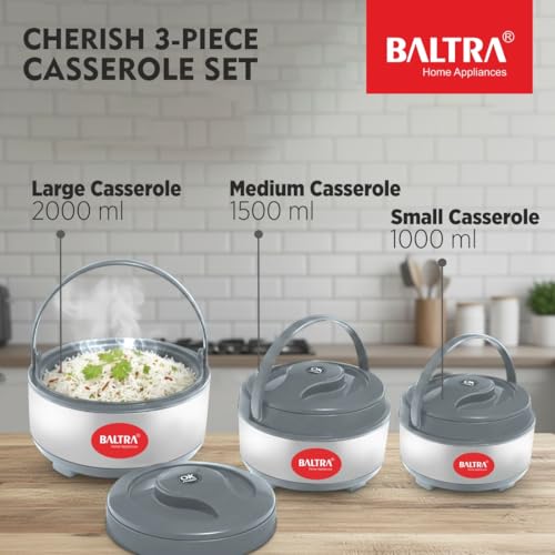 Image of BALTRA Inner Stainless Steel Casserole Set with Lid for Roti /Chapati (1000ml, 1500ml, 2000ml) | Insulated Hot Pot for Hot Meal /Chapati /Curry Set /Biryani | Serving Bowl with Lid (Cherish Set of 3)