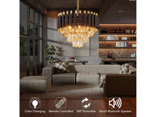 Image of Modern Black & Gold Crystal Moving Chandelier, 300mm (30 Cm. (11.8 Inch) Round LED Pendant Light with Remote Control, Multicolour changing ,Luxury Contemporary Ceiling Light Fixture For decoration A