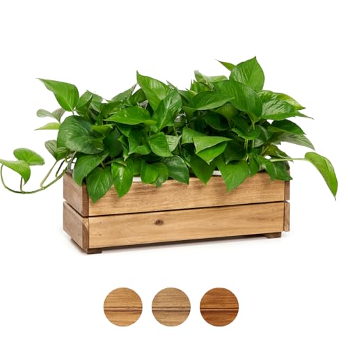 THYOI Wooden Planter Box, Storage Box 17”L x6”W x5.5”H with Crate Style, Acacia Wood Flower Container, Rustic Rectangle Planter for Planting, Decor and Storage - 3 Colors (Golden Teak)