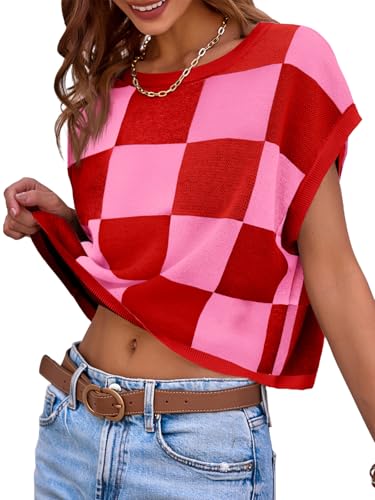 Image of Saodimallsu Womens Cap Sleeve Crop Tops Summer Color Block Going Out Crew Neck Knit Trendy Casual Sweater
