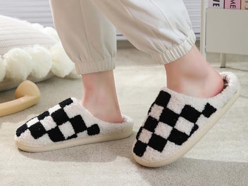 Image of Checkered Slippers for Women and Men - Fuzzy House Slippers with Memory Foam, Comfy Plush Fluffy Indoor House Shoes, Cozy Warm Slip on Bedroom Slippers with Non-Slip Sole