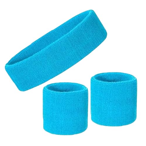 Neon Schweißbänder Set - 80er Jahre Retro Stirnband & Armbänder | Sport Schweißband für Damen & Herren | Fitnessstudio, Workout, Laufen, Tennis, Radfahren, Basketball, Yoga & Faschingszubehör (Türkis