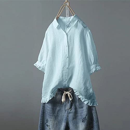 Women Linen Button Down Shirt Ruffle Short Sleeve Shirts Collared V Neck Teen Girls Spring Summer Casual Blouses Tops2