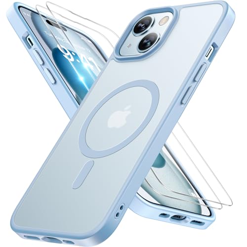 Image of Miracase Magnetic for iPhone 15 Plus Case 6.7 inch (Compatible with MagSafe)(with 2X Screen Protectors) Military-Grade Protection, Anti-Fingerprint Translucent Matte Phone Cover, Light Blue