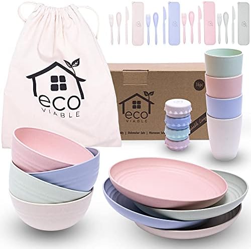 ECO VIABLE Dinner Set Large - (36pcs) Eco Friendly, Lightweight, Strong, Microwave & Dishwasher Safe  Large Dinner Plates, Cups, Bowls, Cutlery & Canvas Bag, Picnic Camping Caravan Campervan