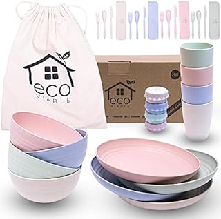 ECO VIABLE Dinner Set Large - (36pcs) Eco Friendly, Lightweight, Strong, Microwave & Dishwasher Safe  Large Dinner Plates, Cups, Bowls, Cutlery & Canvas Bag, Picnic Camping Caravan Campervan