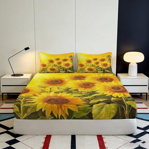 Drap housse imprimé tournesol 200x200 anti-plis et facile à border