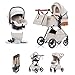 Kakbgee 3 in 1 Kinderwagen mit Babyschale, Faltbar Buggy, 7-fach höhenverstellbarem Griff, 4-Rad Federung, Regenschutz, Moskitonetz, Kombikinderwagen für Neugeborene 0-3 Jahre (15kg), Beige