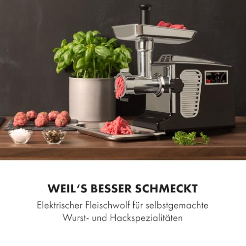 Foto von Klarstein Kraftprotz - elektrischer Fleischwolf, Leistung: 700 Watt, Blockierleistung: 1800 Watt, Kupfermotor, 2 Geschwindigkeiten & Rücklauf, Aluminium-Schale, Edelstahlmesser, schwarz/silber