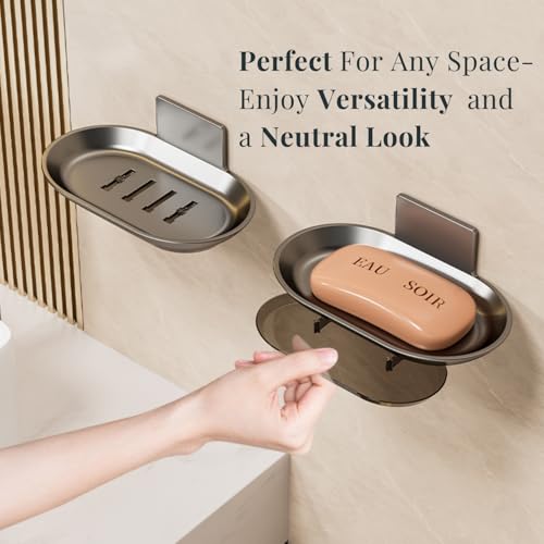 Image of Tenom Soap Stand for Bathroom Wall Mounted, Space Aluminum Soap Holder for Bathroom Stickable, Rustproof Soap Dish, Durable Soap Box with Drain Tray (1, Grey)