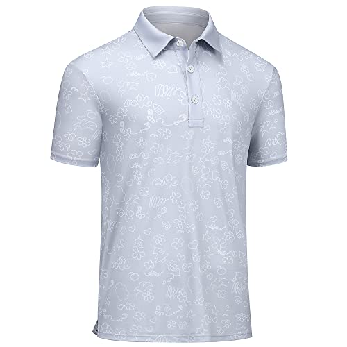 Mens Golf Shirt - Golf Polos for Men Short Sleeve Dry Fit Print Performance Moisture Wicking Grey L