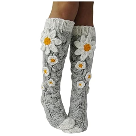 Women's Knee High Socks Winter Warm Over The Calf Socks Crochet Flower Knit Socks Fashion Leg Warmer (Grey , One Size ) Cover