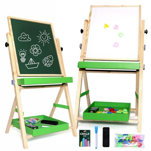 Image of Chanak 2-in-1 Wooden Easel Board for Kids - Magnetic Whiteboard & Chalkboard, Adjustable Height, with Alphabets, Numbers, Marker, Chalks, Duster, Storage Trays, Safe Non-Toxic for Ages 3+