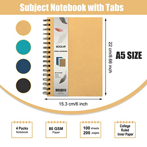 Eoout 4 Pack Spiral Notebook, Notebook For Work, Hardcover Notebooks, College Ruled, 5.5"X8.5", 100 Sheets/200 Pages, 3 Subject With Removable Dividers, For School Supplies, Gifts #TOP1