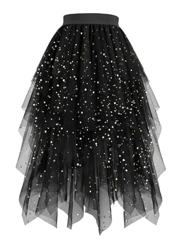 Hanpceirs Damen Tüll Röcke High Low Layered Puffy Fee Röcke A-Linie Midi Rock Unregelmäßiger Tutu Rock Schwarz Pailletten M
