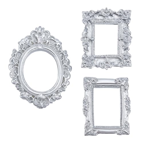 NICENEEDED 3PCS Mini Vintage Resin Picture Frame, Slivery Small Picture Frames, Oval Rectangle Wall Hanging Antique Photo for Jewelry Display Holiday Party Hotel Decor