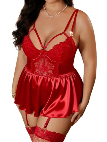 Image of Alrovetoney Plus Size Lingerie For Curvy Women Ruffle Lingerie Set Sexy Lace Lingerie Set Garter Belt With Stockings